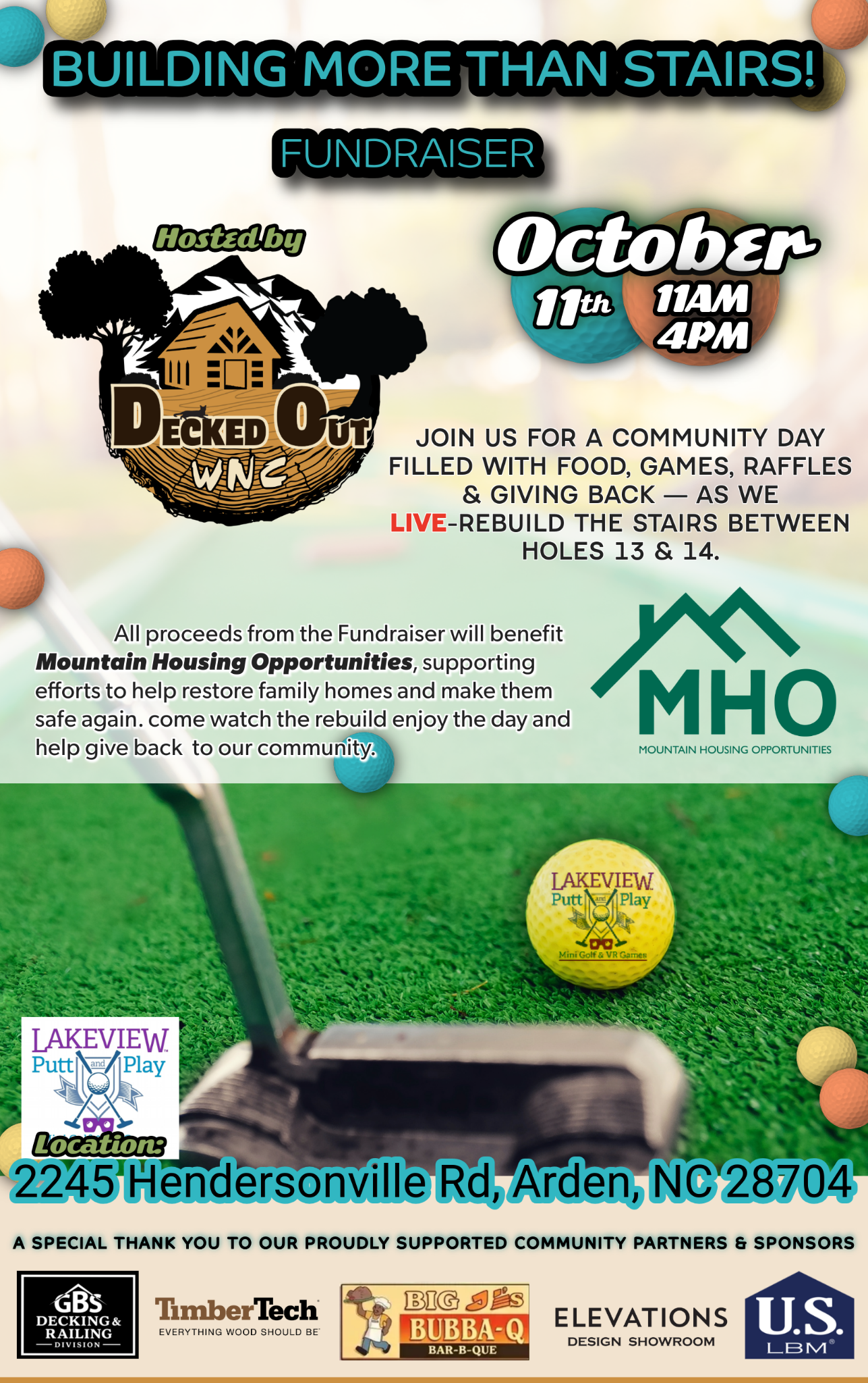 Event flyer: Building More Than Stairs Fundraiser, hosted by Decked Out WNC, Sunday, October 11 11am – 4pm at 2245 Hendersonville Rd, Arden, NC 28704, benefiting Mountain Housing Opportunities.